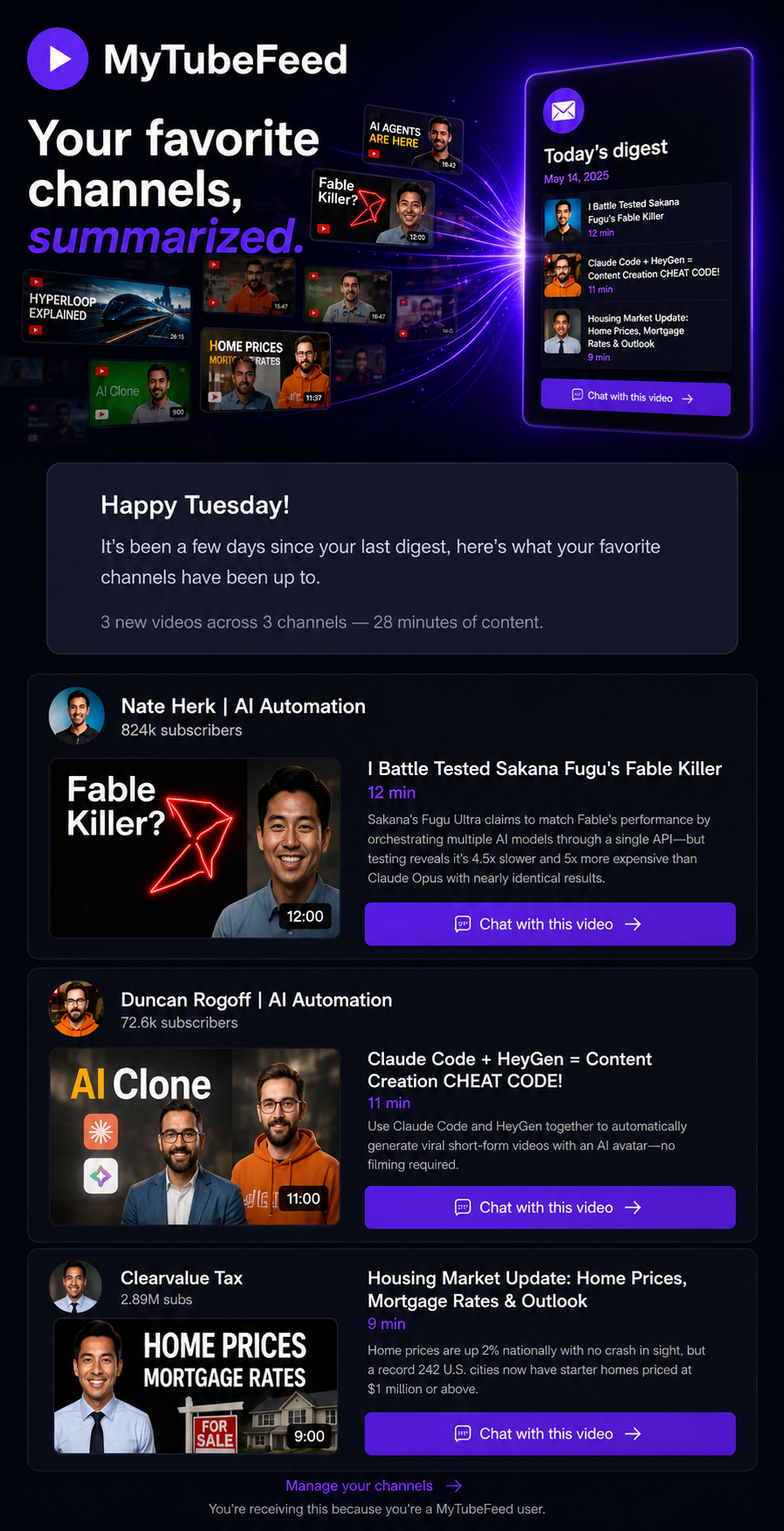 Example MyTubeFeed digest email